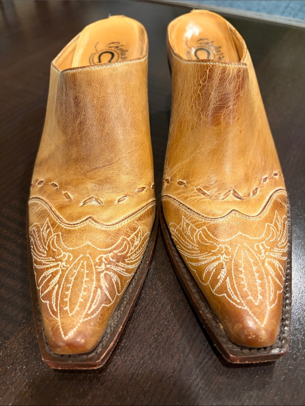 Charlie 1 HORSE Western-Style Leather Mules in Tan with Embroidered Detail - Picture 8 of 9